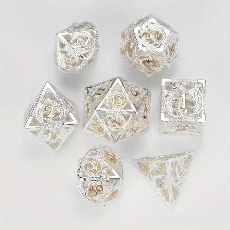 Platinum Dragon – 7 Piece Hollow Metal Polyhedral Dice Set & Dice Case