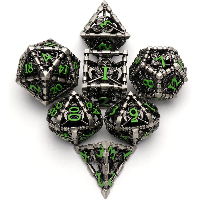 Shinigami – 7 Piece Hollow Metal Polyhedral Dice Set & Dice Case