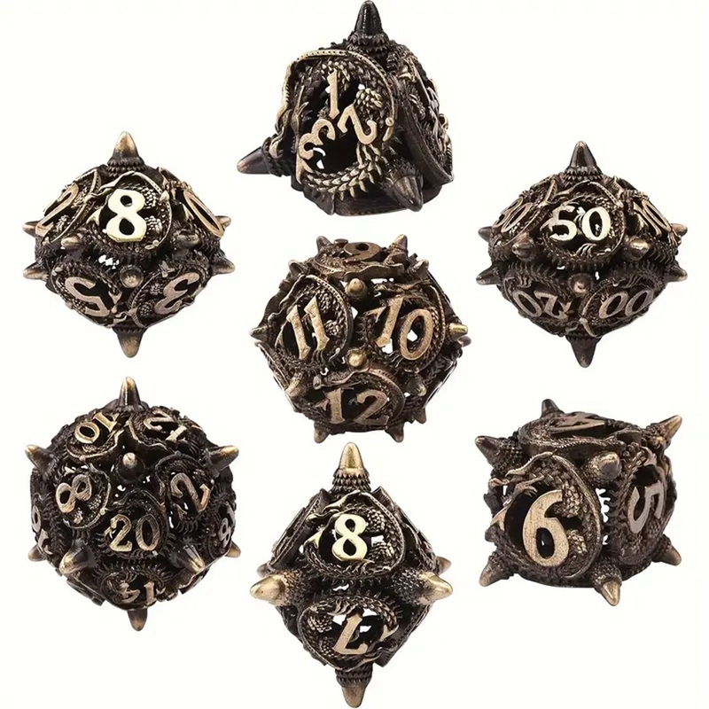 Dracotrop – 7 Piece Hollow Metal Polyhedral Dice Set & Dice Case