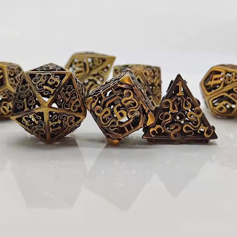 Ornate Secrets – 7 Piece Hollow Metal Polyhedral Dice Set & Dice Case