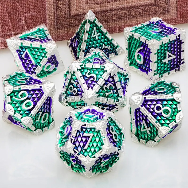 Sirens Fortune – 7 Piece Metal Polyhedral Dice Set & Dice Case