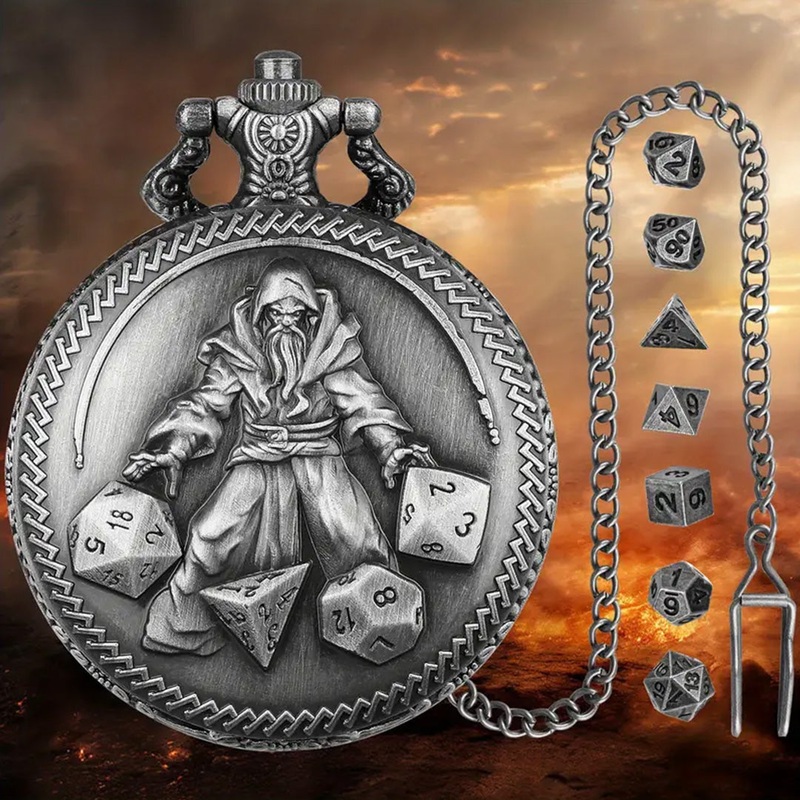 Archmages Hourglass – 7 Piece Mini Metal Polyhedral Dice Set & Pocket Watch Style Case