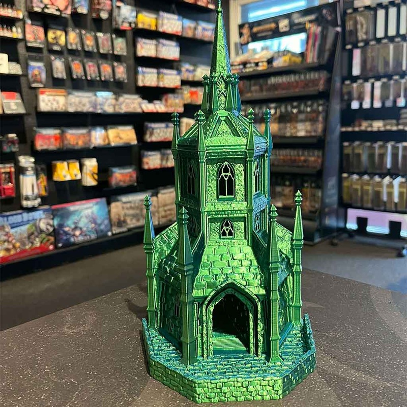 3D Printed Dice Tower – Vampire Citadel (Green/Blue)