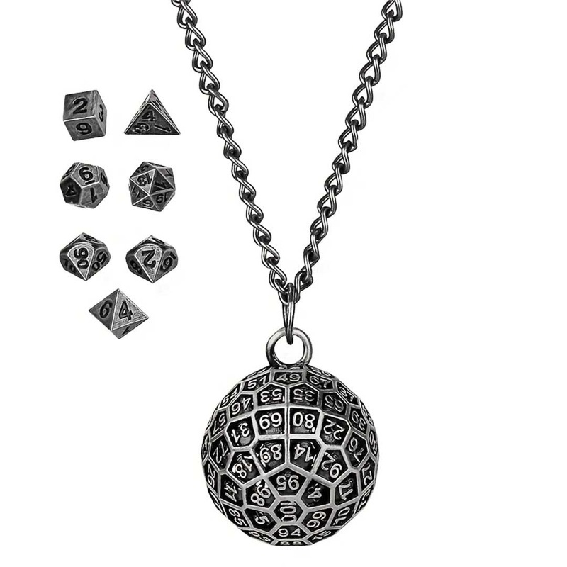 D100 Cage Dice Necklace (Gunmetal) with 7 Piece Mini Metal Polyhedral Dice Set