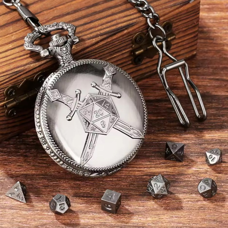 The Defender – 7 Piece Mini Metal Polyhedral Dice Set & Pocket Watch Style Case