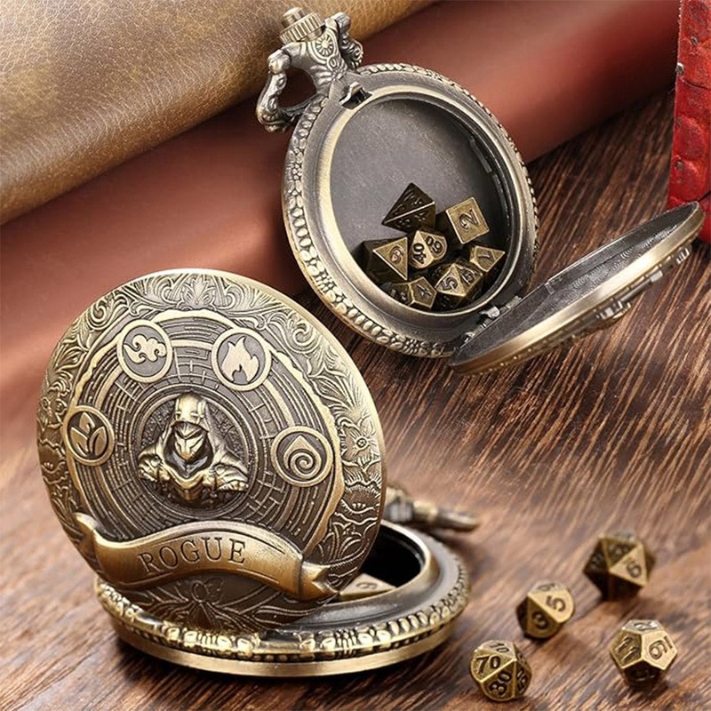 The Cunning Rogue – 7 Piece Mini Metal Polyhedral Dice Set & Pocket Watch Style Case