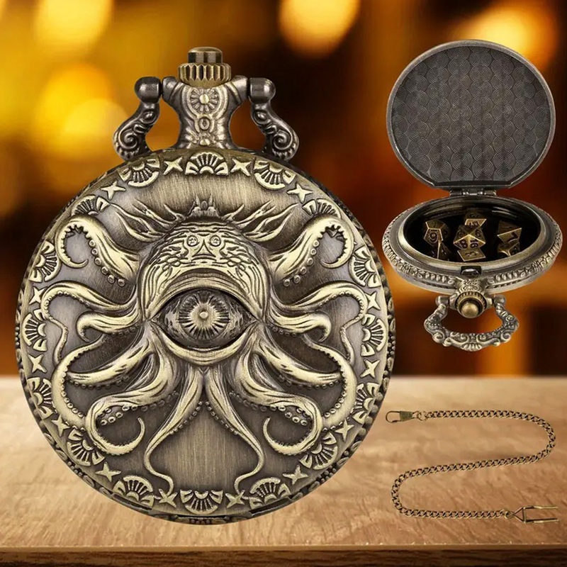 Dice of the Beholder – 7 Piece Mini Metal Polyhedral Dice Set & Pocket Watch Style Case