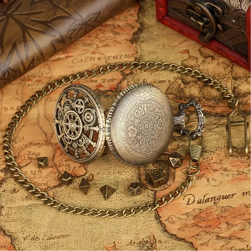 ‘Like Clockwork’ – 7 Piece Mini Metal Polyhedral Dice Set & Pocket Watch Style Case